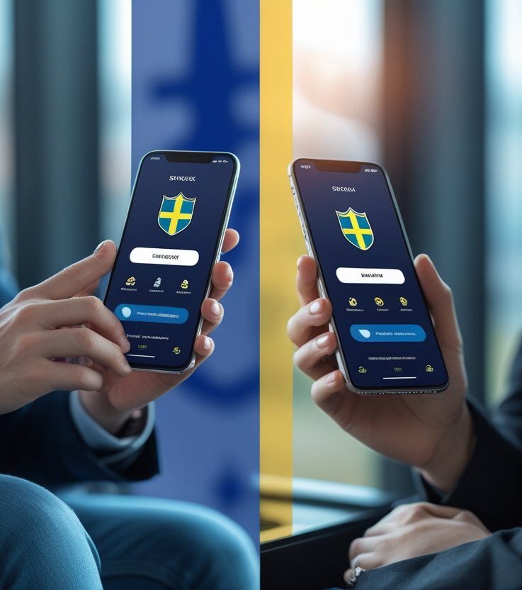 Two people in business attire use smartphones displaying an app with the Swedish flag, hinting at Sweden’s digital services like Mobile Betting Apps. They sit in a modern, professional setting, suggesting international options possibly linking Sweden and the USA.