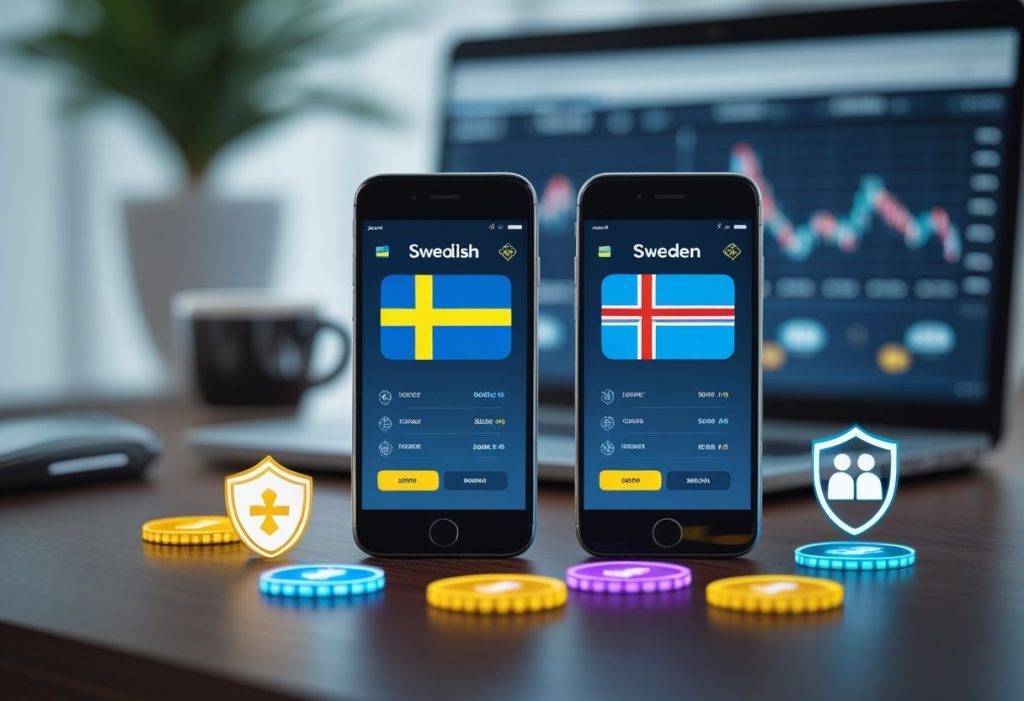 Two smartphones display currency exchange apps with Swedish and Icelandic flags on their screens. Colorful digital coins and security icons sit in front, while a blurred laptop, hinting at mobile betting apps, shows financial charts in the background.